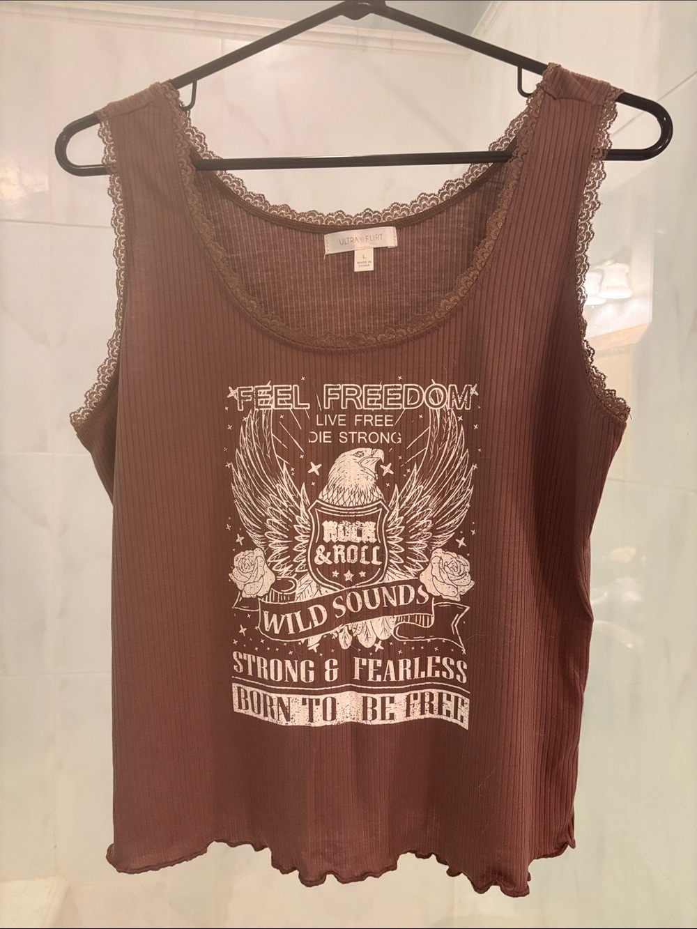 Ultra Flirt Brown Ribbed Lace-Trim Graphic Tank L